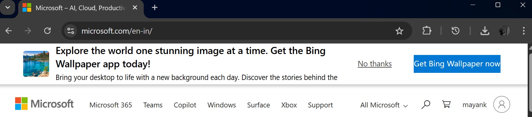 Microsoft advertises Bing on its website