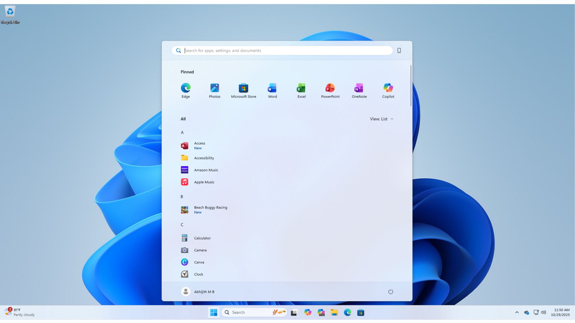 Minimal Start menu setup in Windows 11 after the KB5067036 update