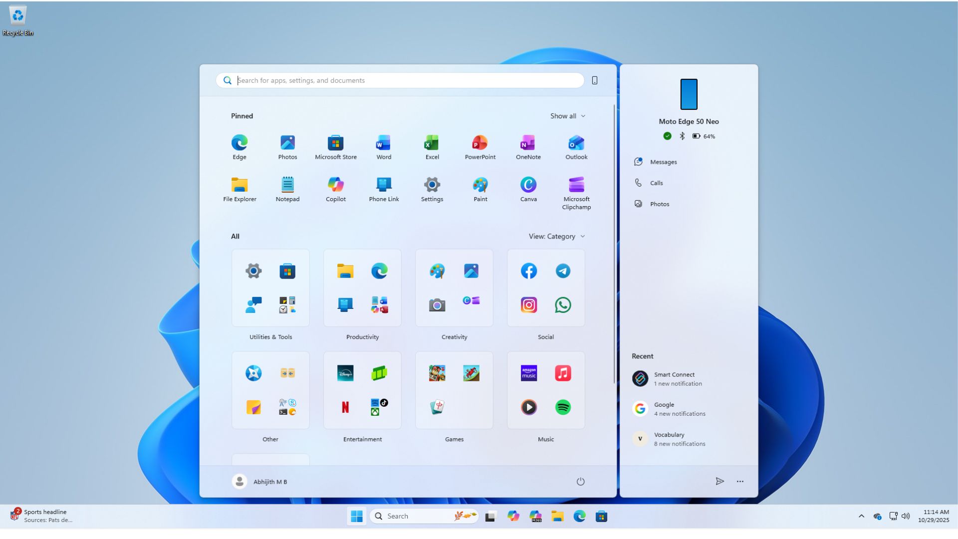New Windows 11 Start menu with Recommendations turned off