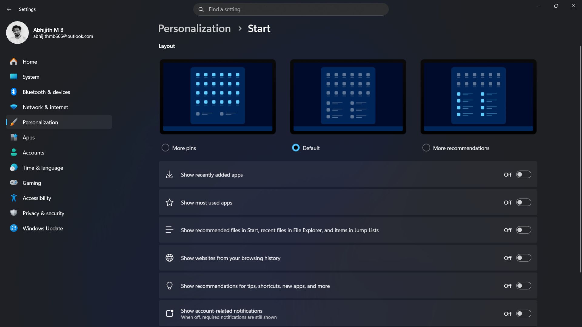 Old Start menu customization settings with Recommendations turned off