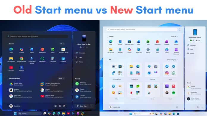 Old Start menu vs New Start menu in Windows 11 Old Start menu vs New Start menu in Windows 11