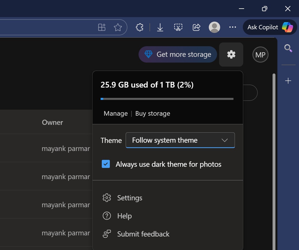 OneDrive settings button on web