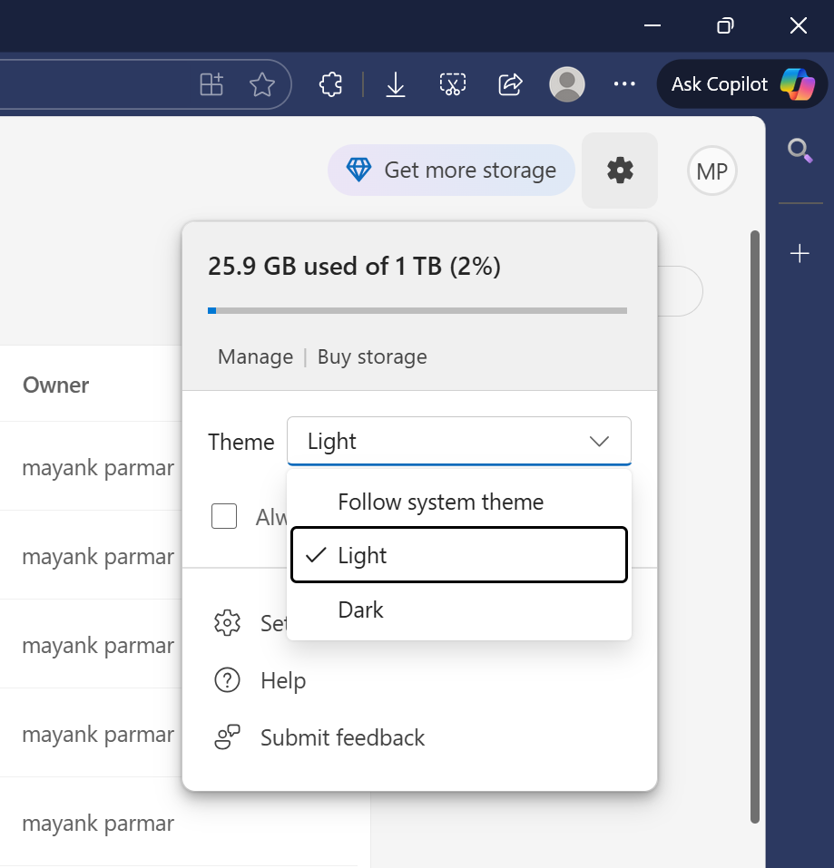 OneDrive theme selector