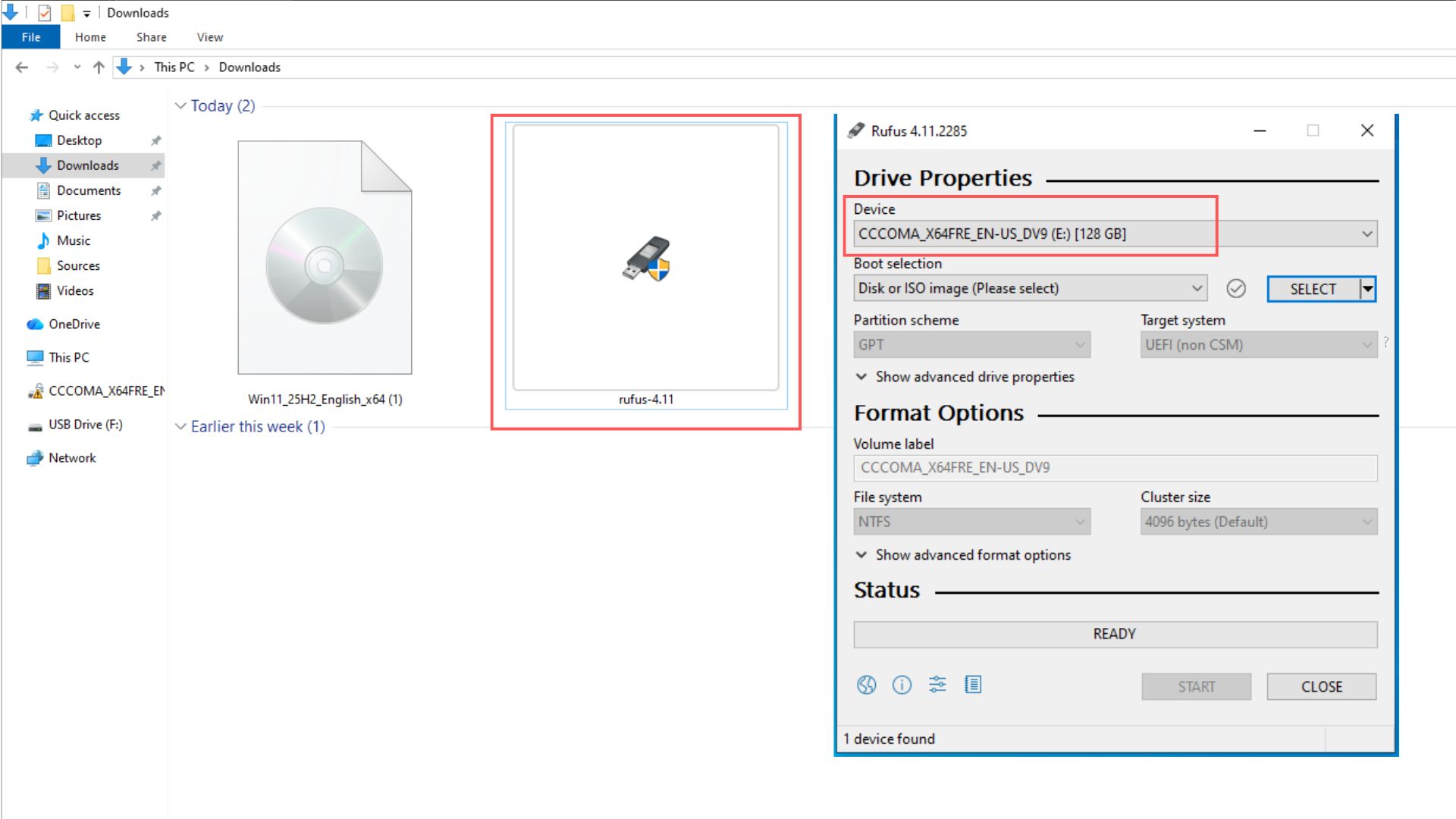 Open Rufus after inserting USB drive