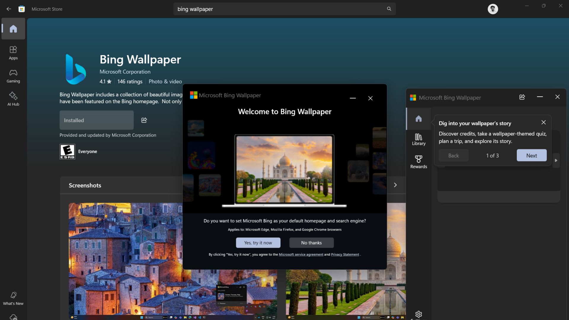 Pop-up that asks permission to set Bing as the default homepage and search engine