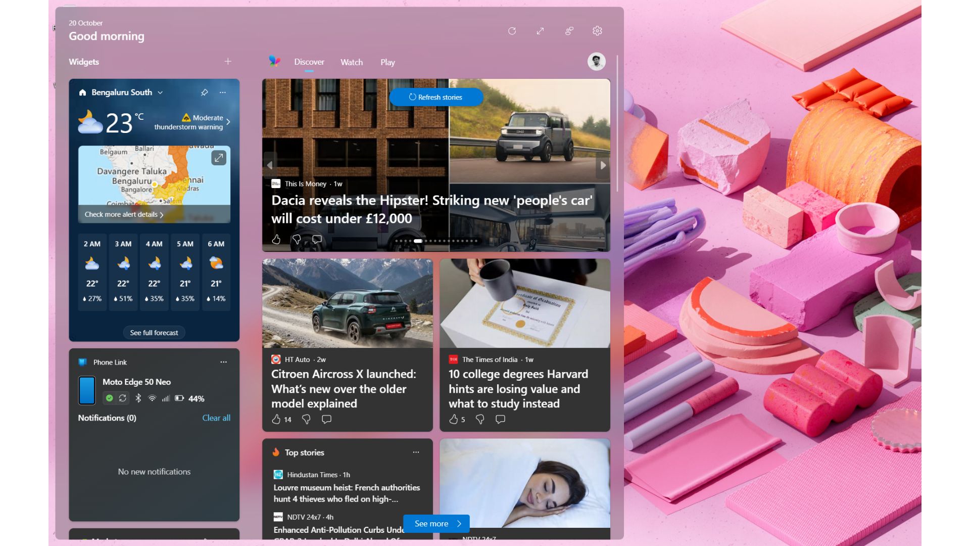 Present day Discover feed of Widgets in Windows 11