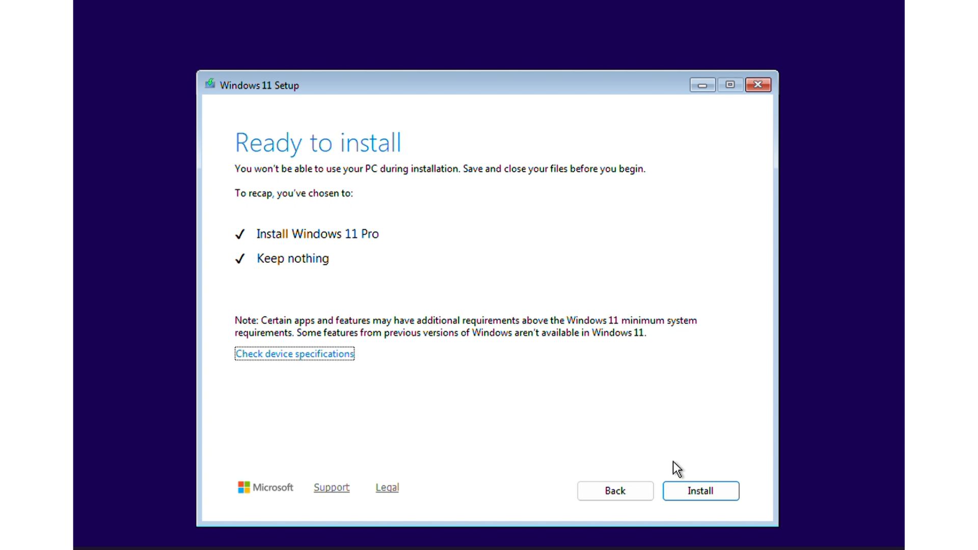 Ready to install page for Windows 11