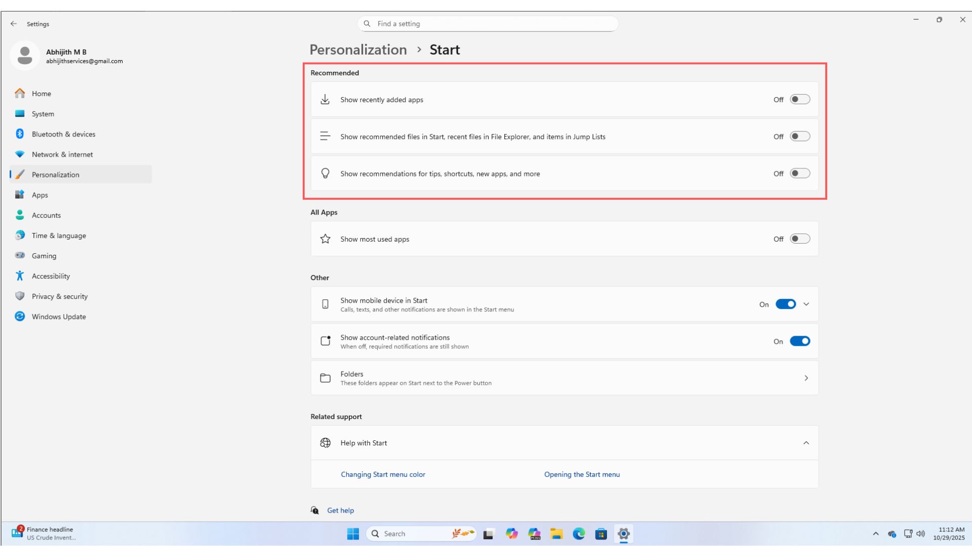 Recommendations turned off in new Windows 11 Start screen Settings page