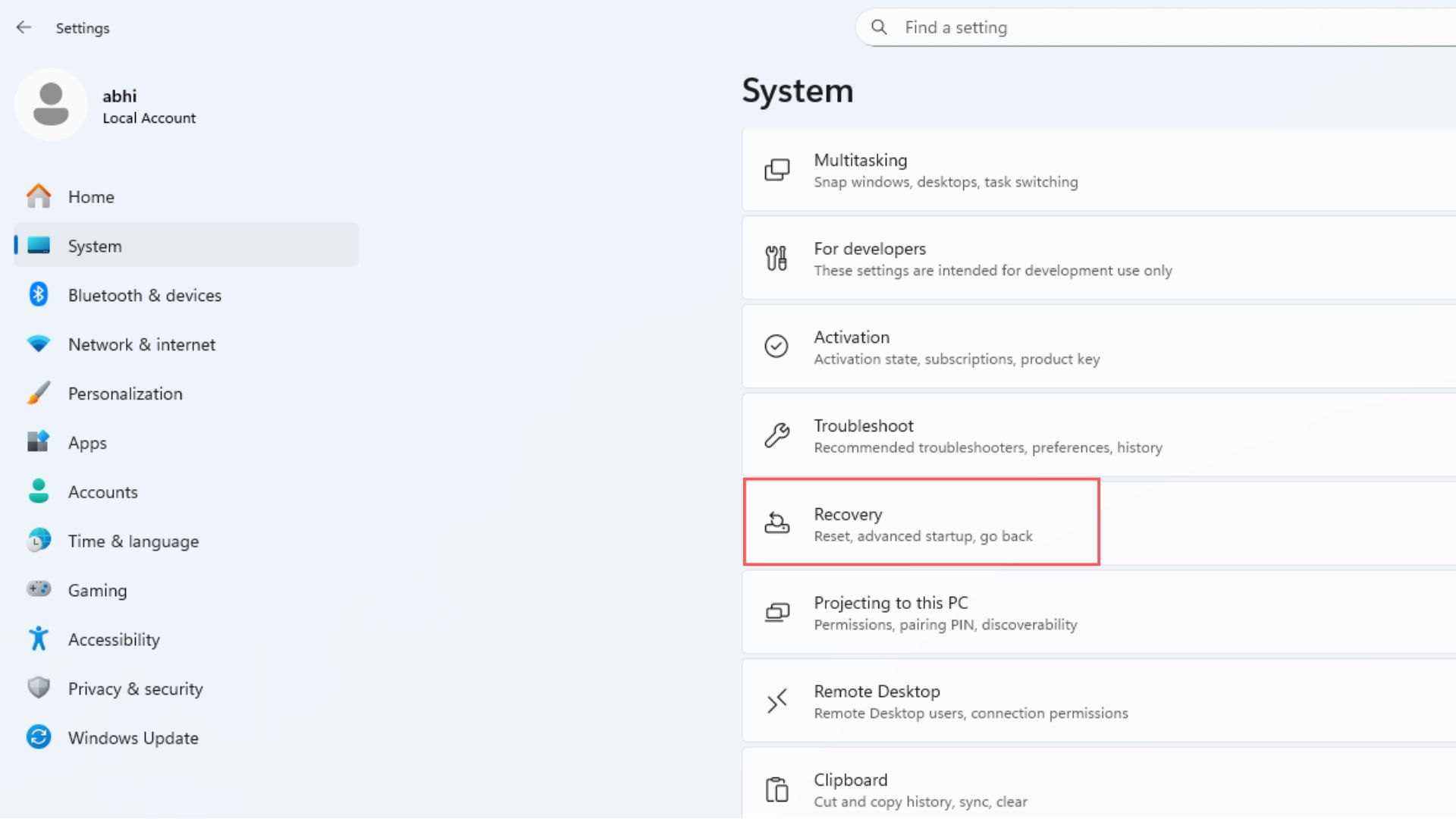 Recovery settings in Windows 11