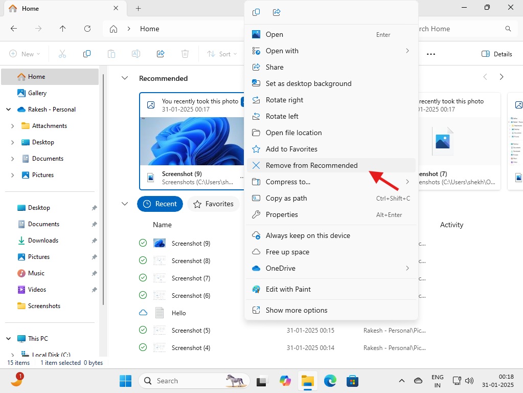 Remove from Recommended in File Explorer