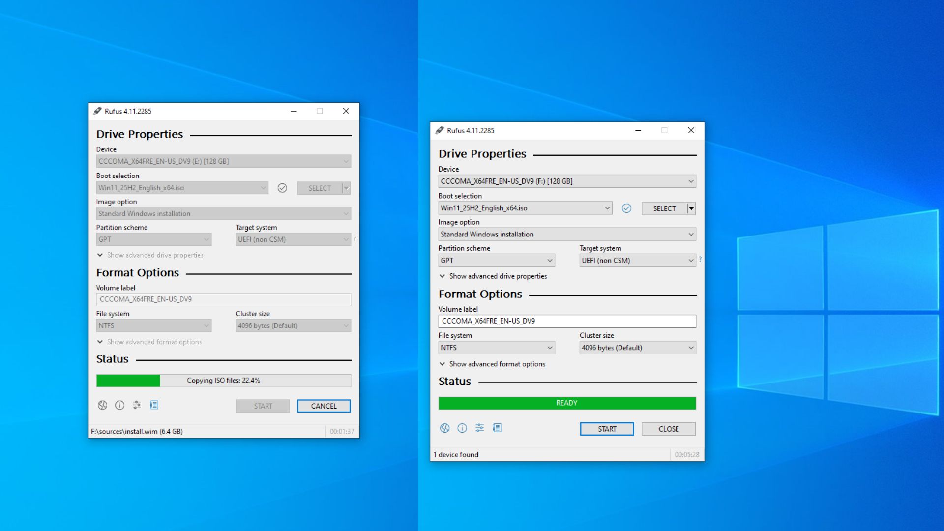 Rufus finished copying ISO files to USB drive