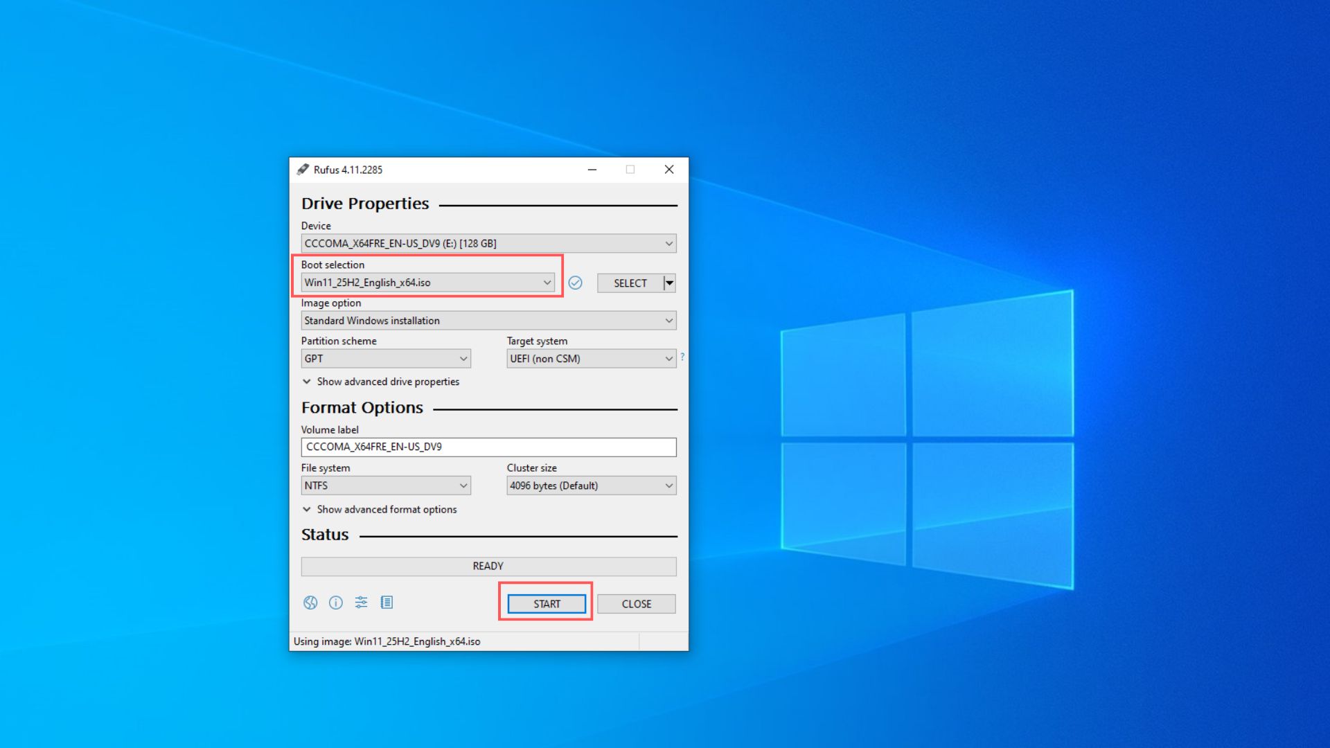Select Windows 11 ISO file in Rufus and press START