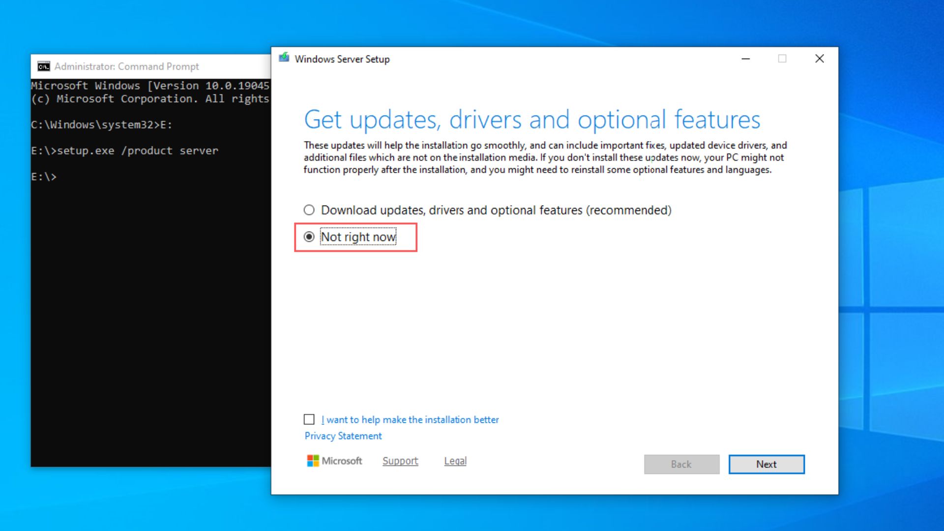 Skip updates, driver and optional feature check in Windows Server Setup installation