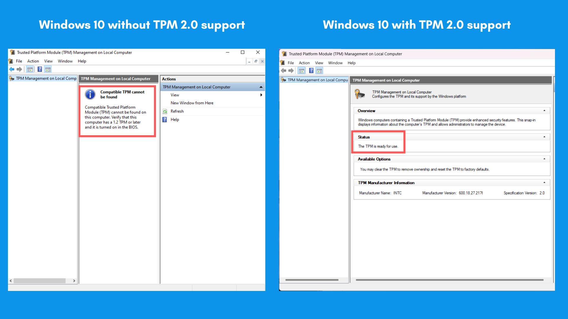 TPM management Window for Windows PC with and without TPM 2.0