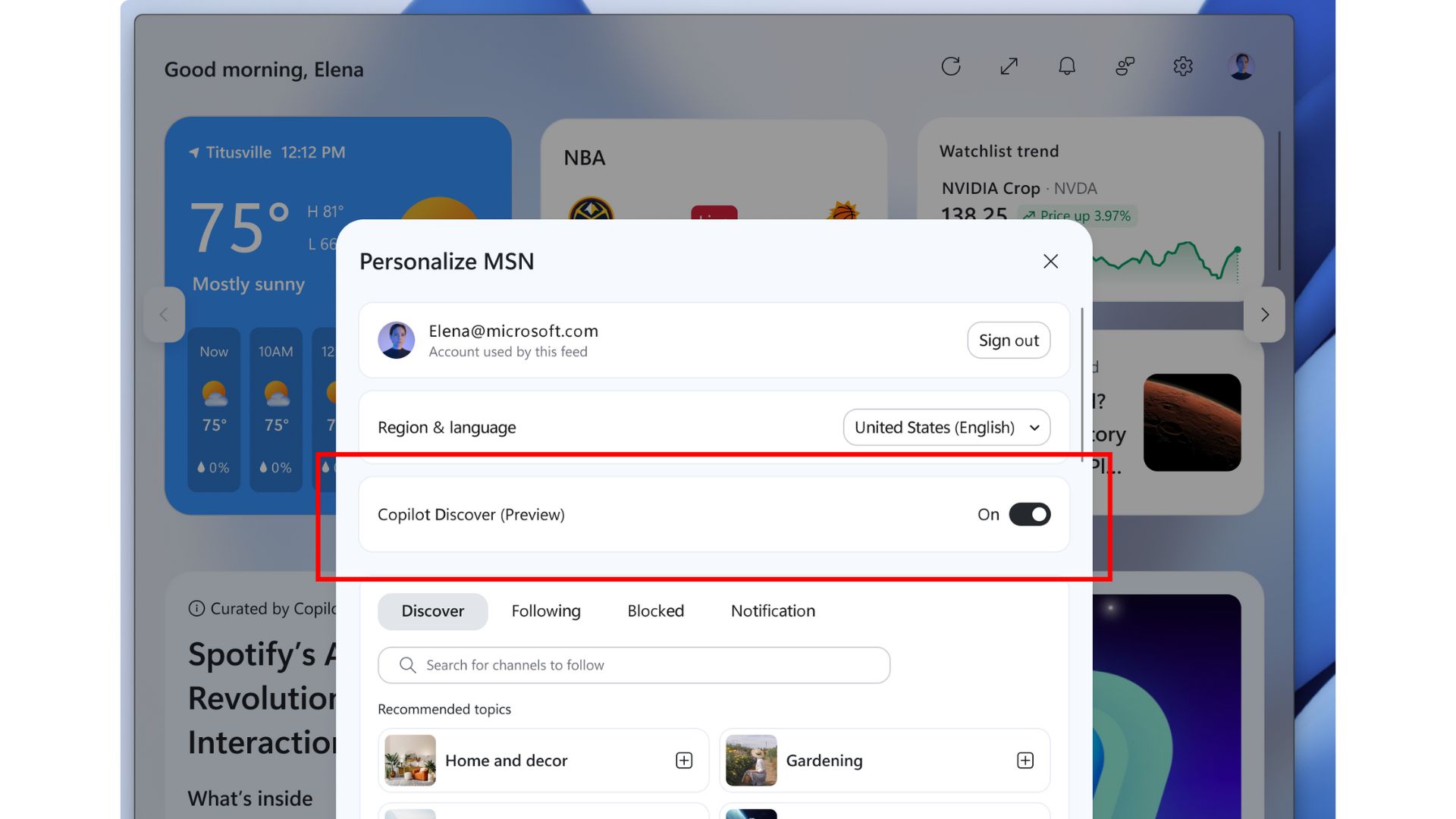 Toggle to enable Copilot Discover
