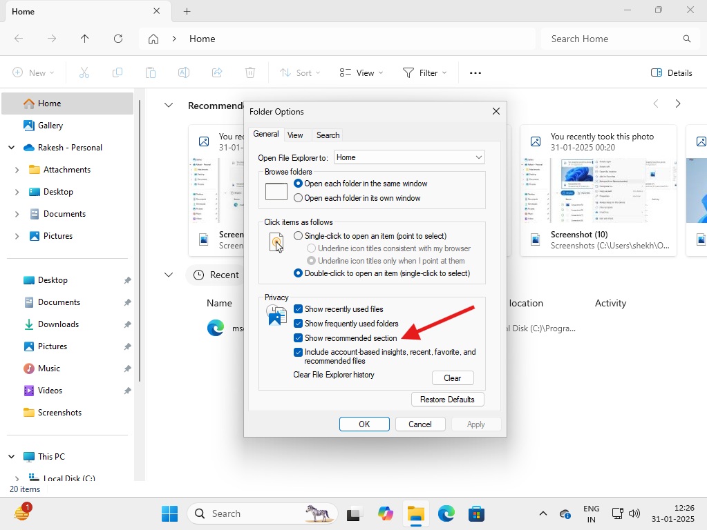 Turn off Recommended section in File Explorer
