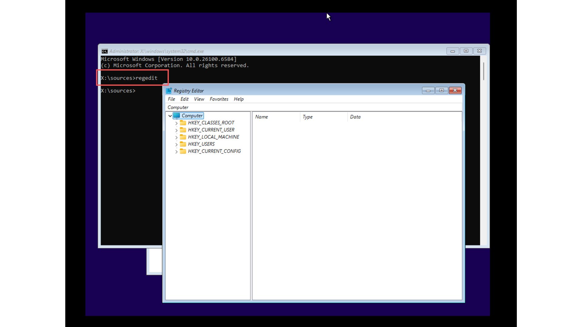 Typing regedit in the command prompt opens registry editor