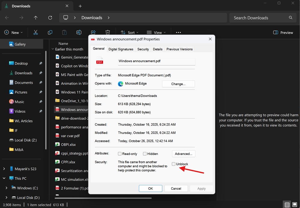 Unblock file in File Explorer Preview Pane