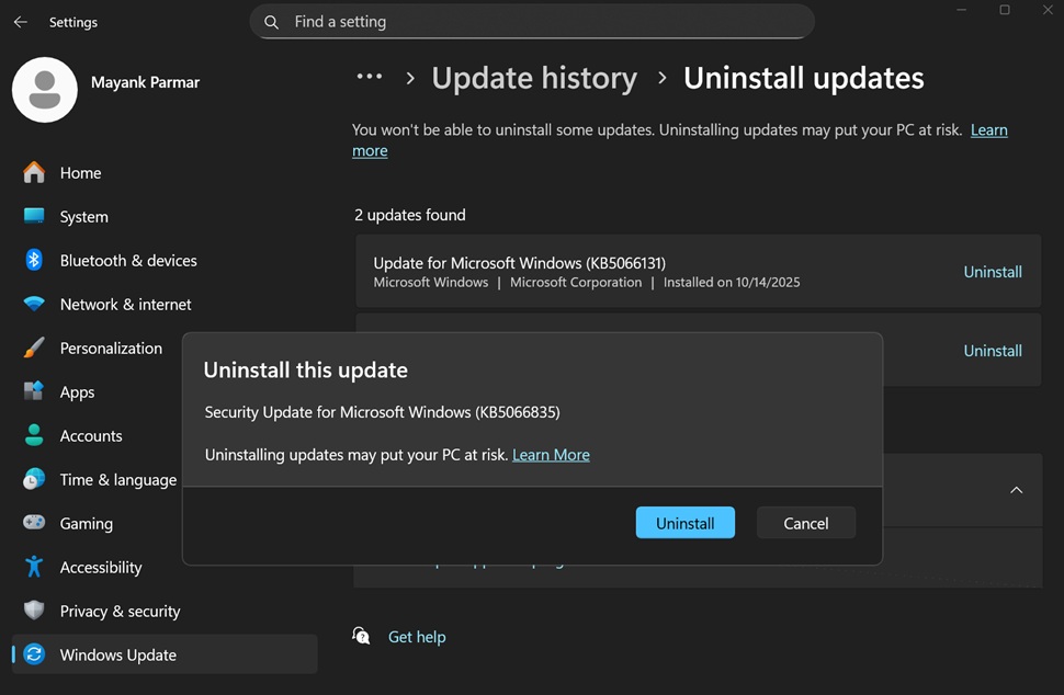Uninstall Windows 11 KB5066835 update
