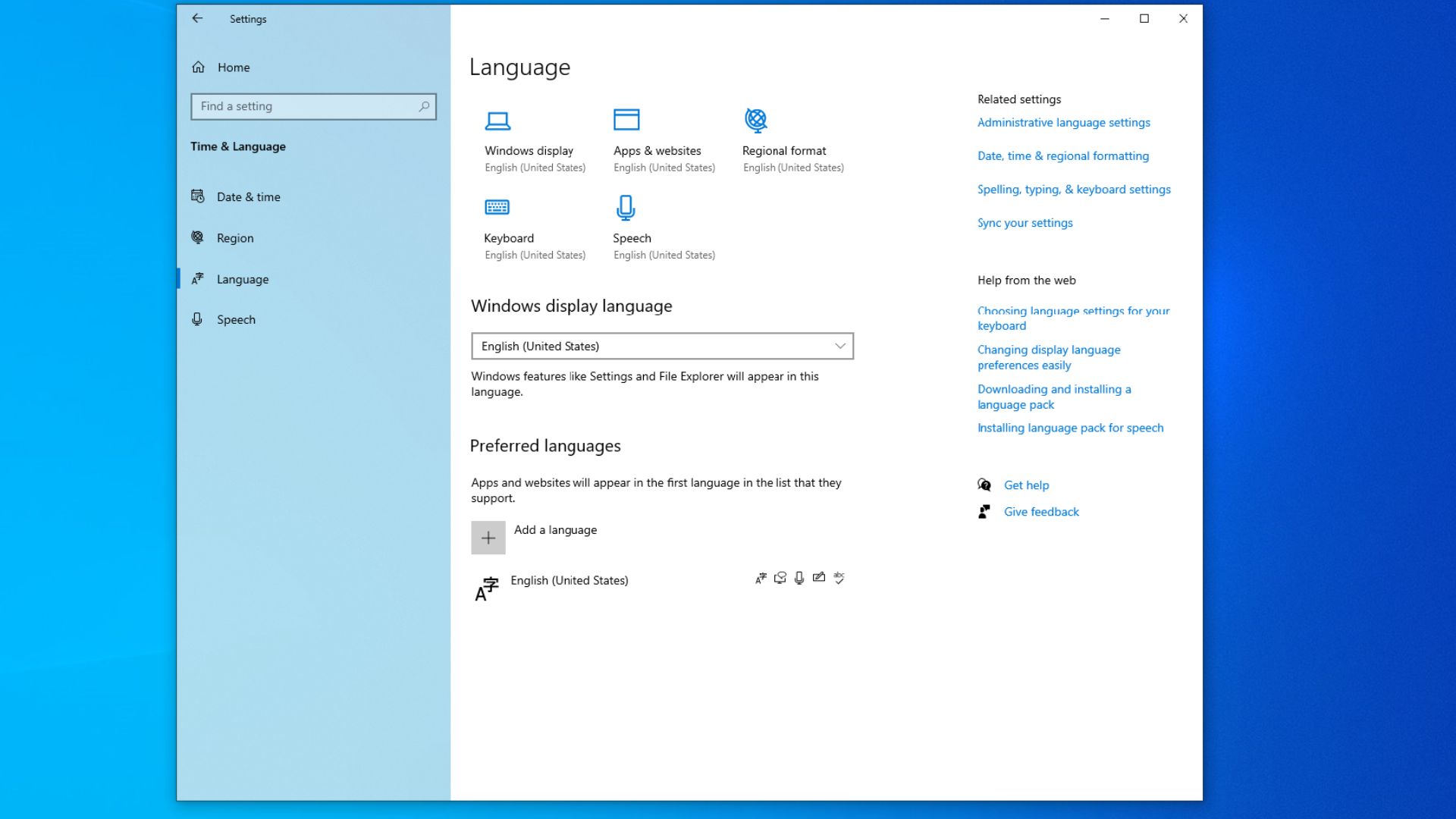 Windows 10 Language page in Settings