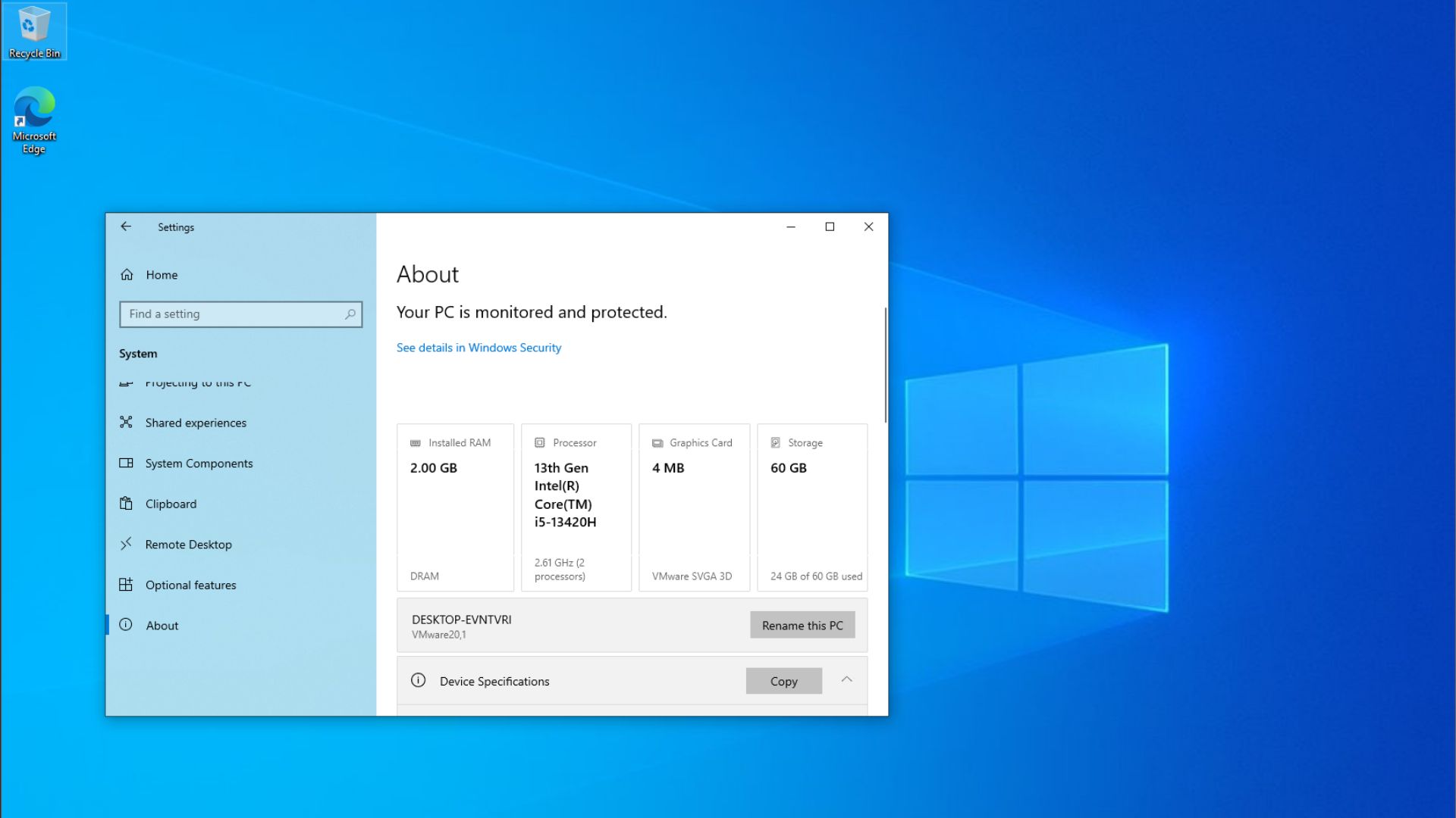 Windows 10 PC with 2GB RAM shown in the About page