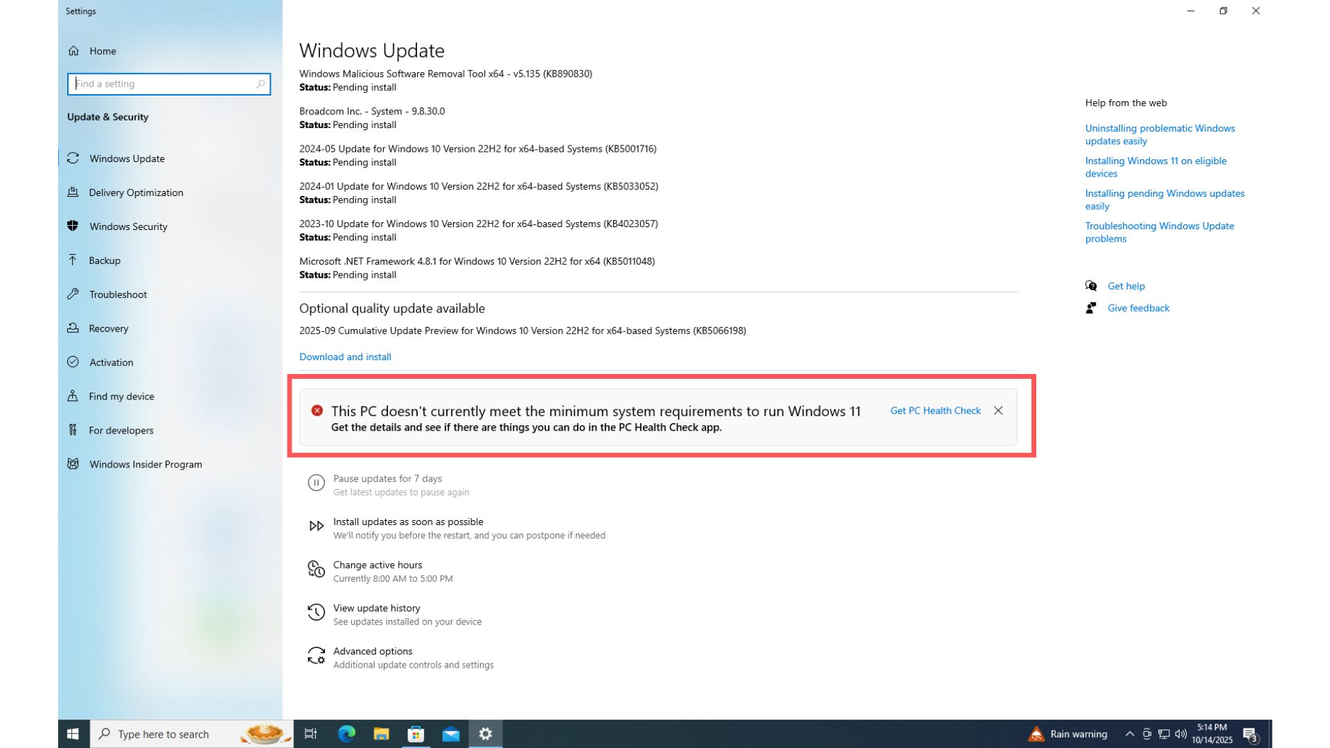 Windows 10 Update & Security page shows PC doesn't meet requirements for Windows 11