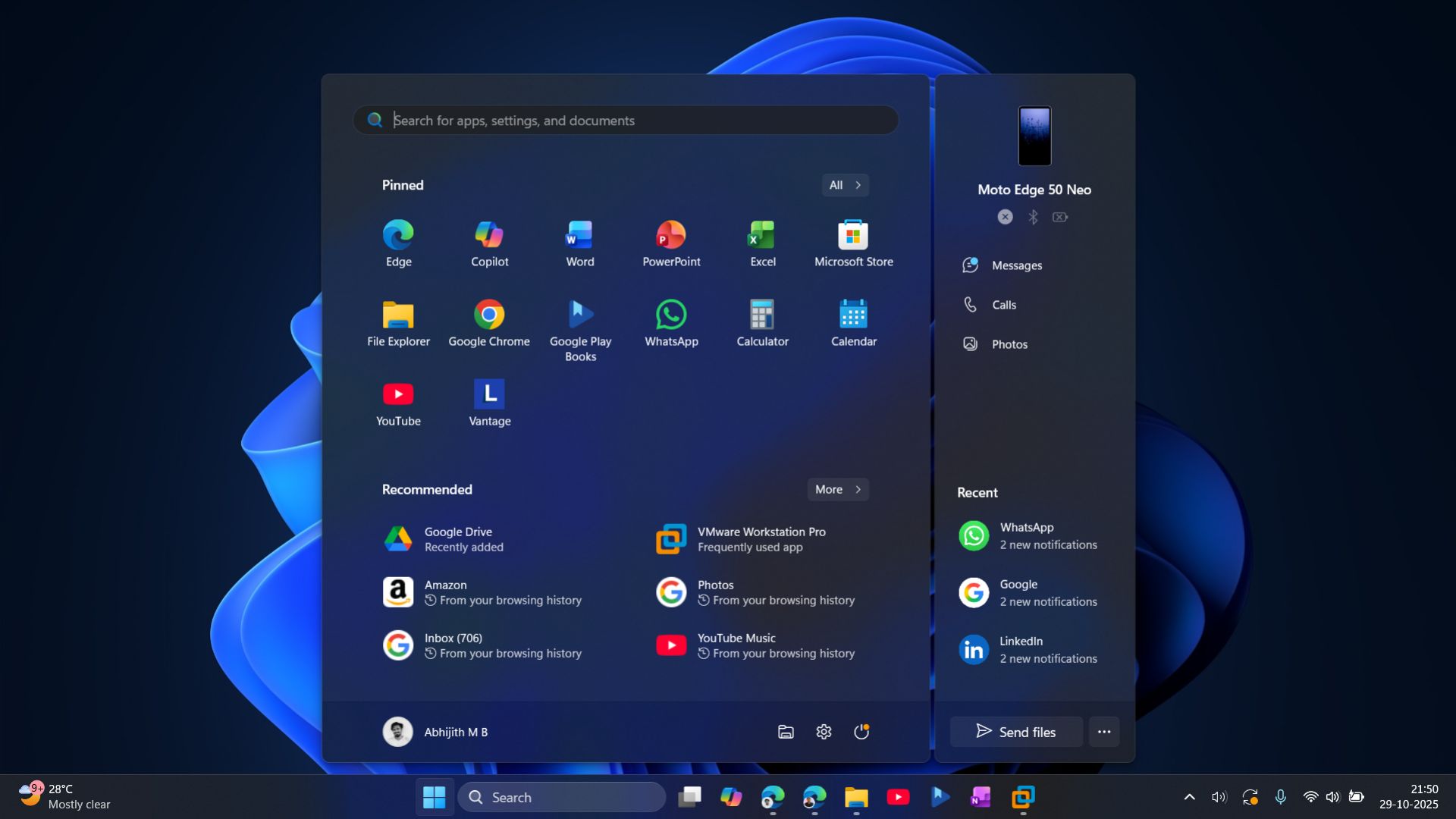 Windows 11 Start menu before KB5067036 update