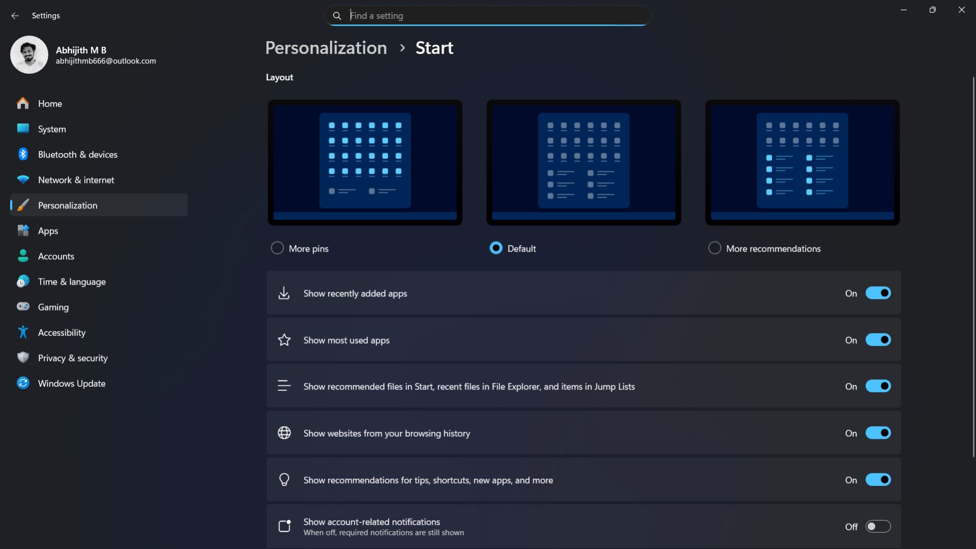 Windows 11 Start menu customization options before KB5067036 Update