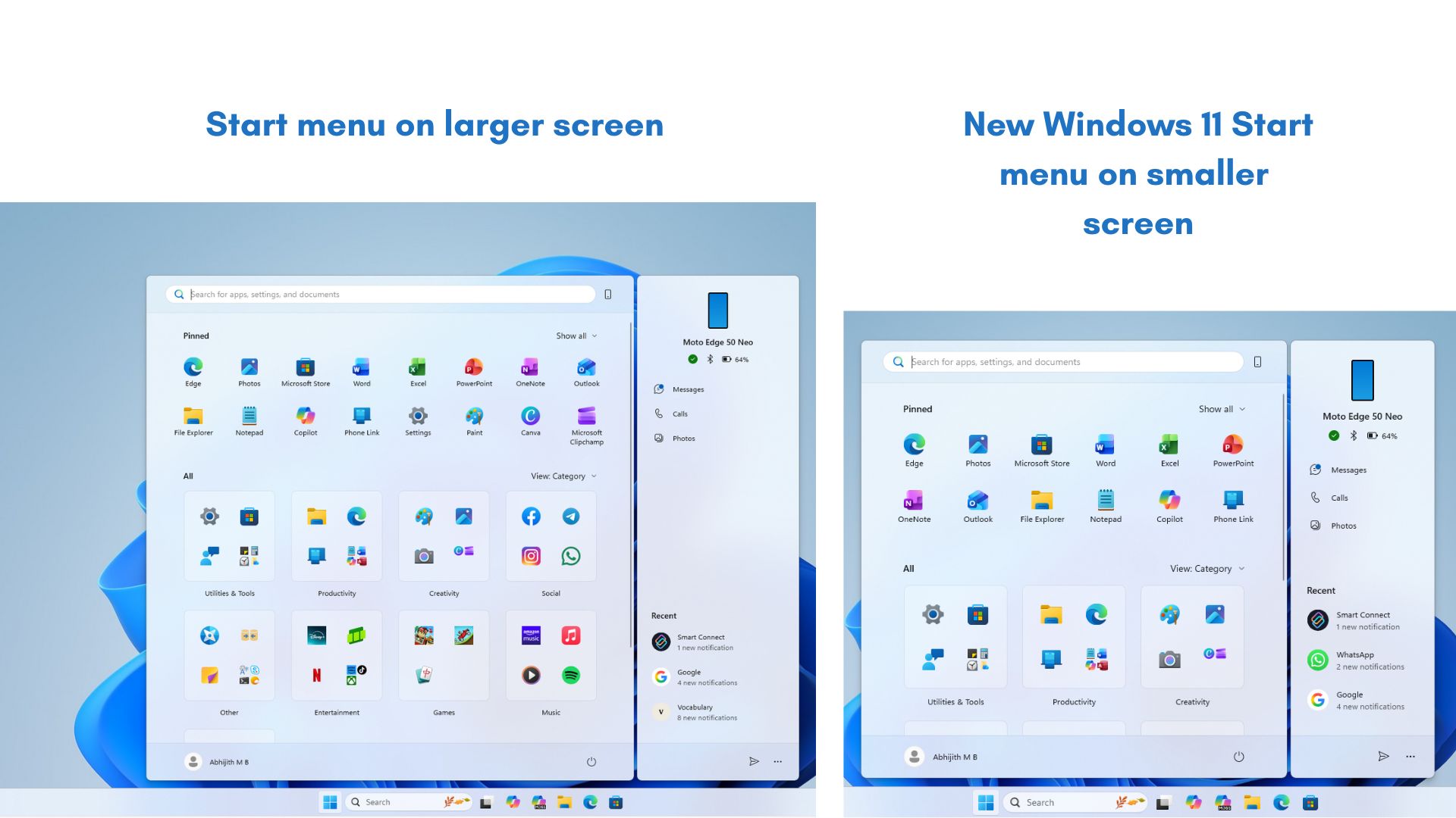 Windows 11 new Start menu on larger screen vs smaller screen