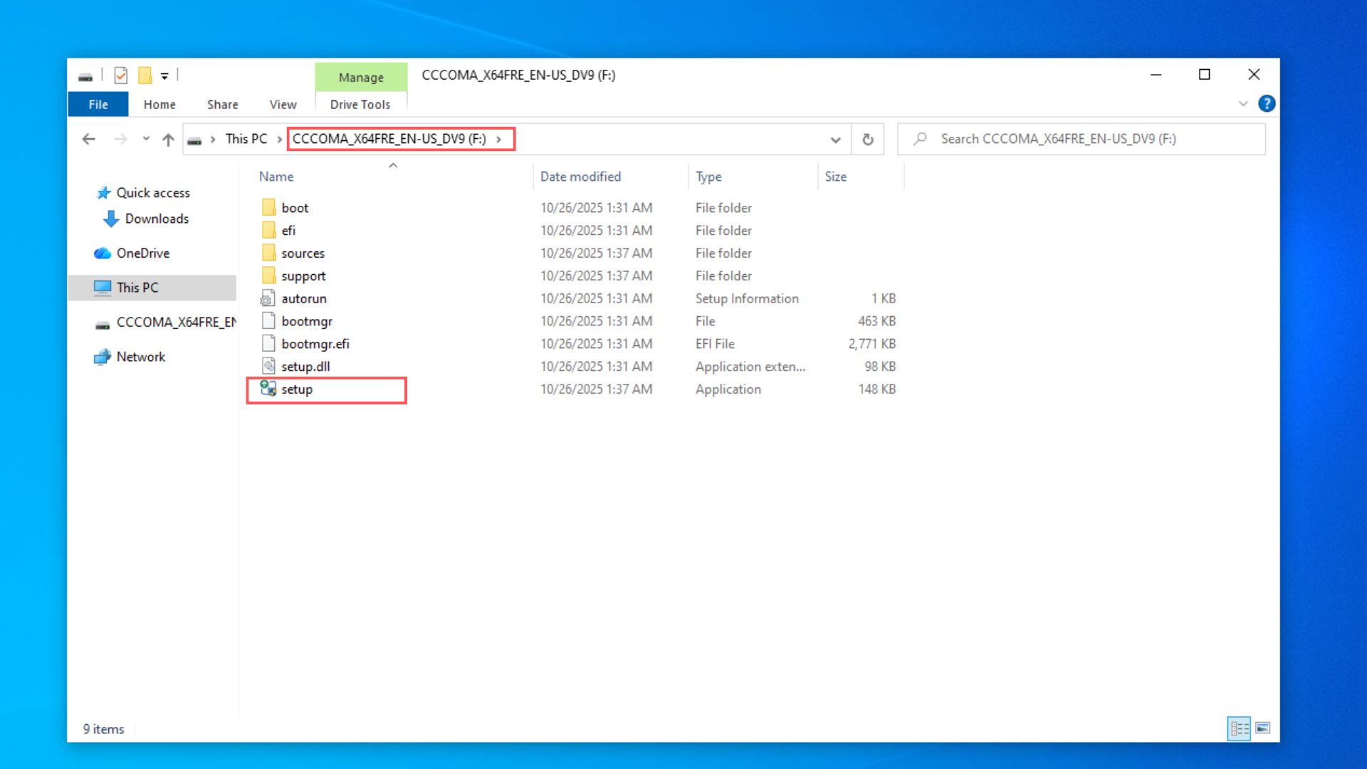 Windows 11 setup file in USB drive