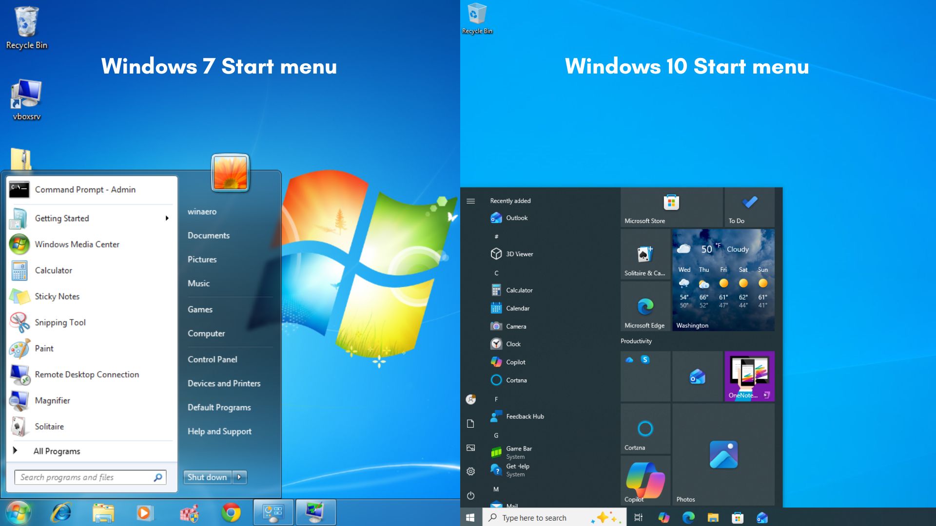 Windows 7 Start menu vs Windows 10 Start menu