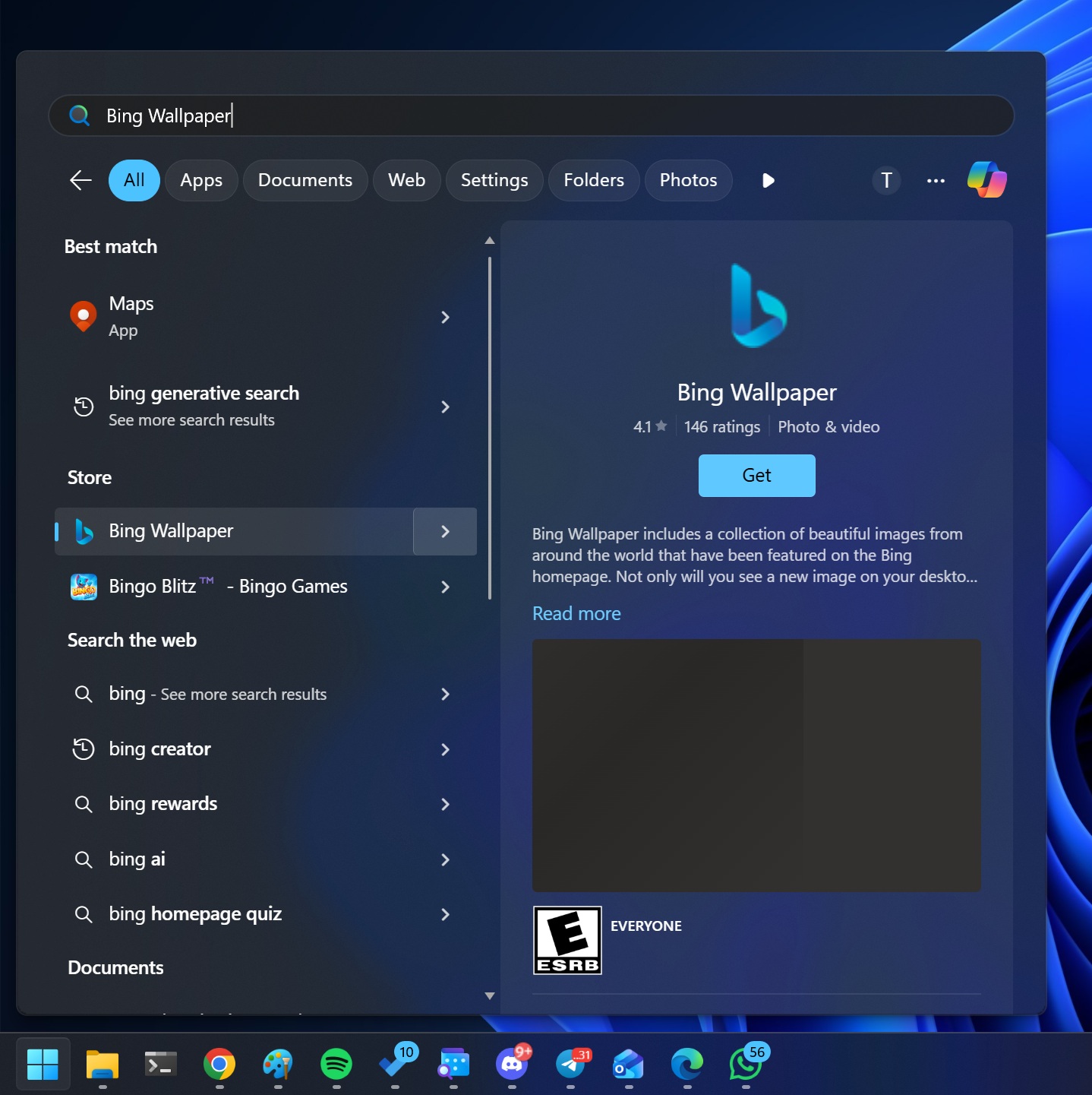 Windows Search showing results from the Store