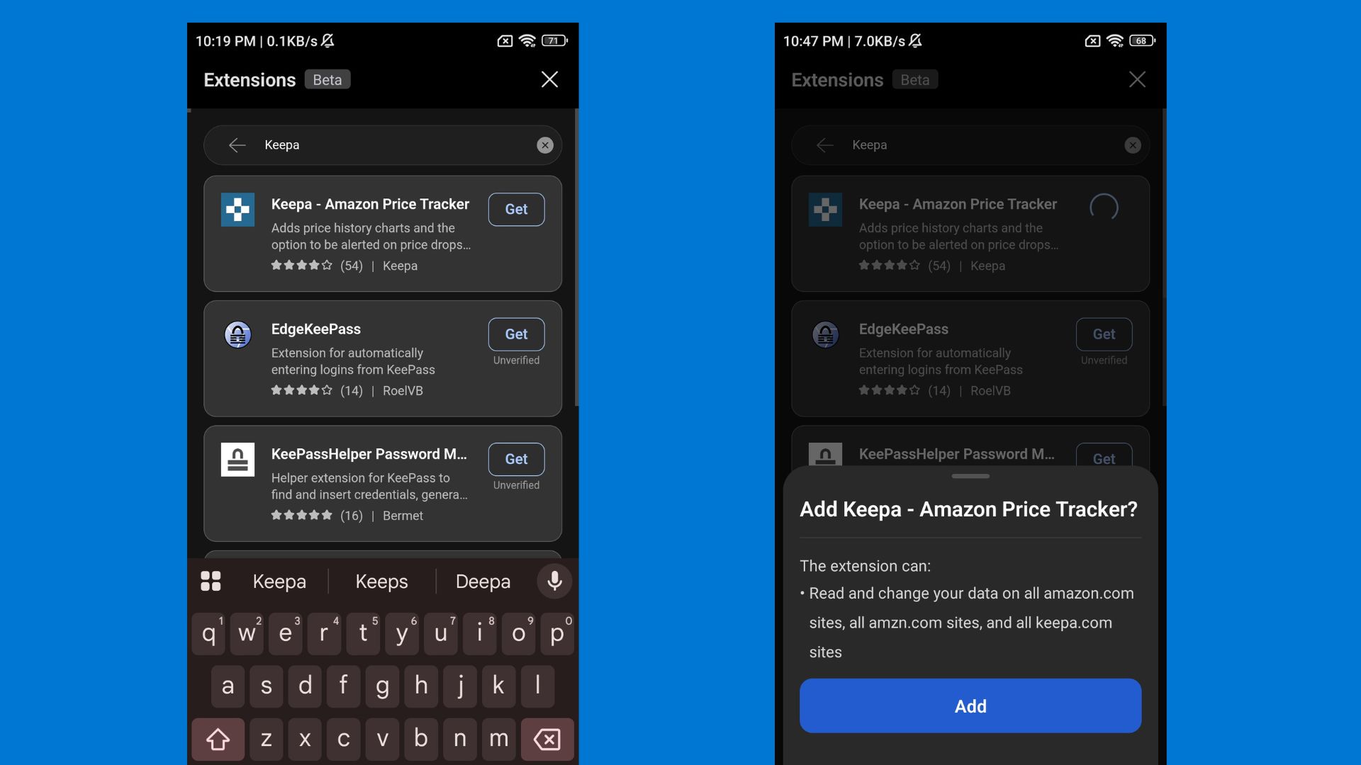 adding keepa extension to edge canary android