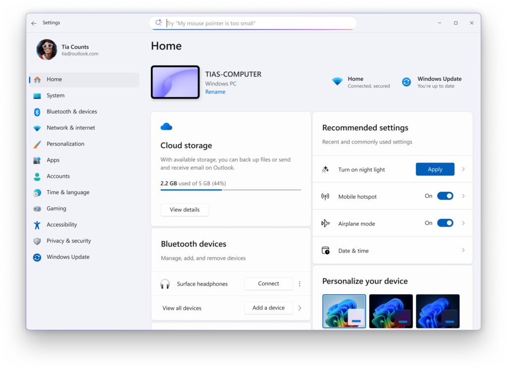 agentic action in windows 11 settings app