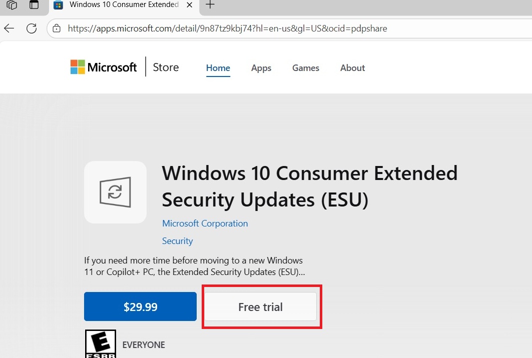 buy windows 10 esu free trial