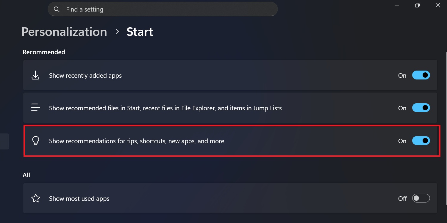 disable recommened section windows 11 start menu 25h2
