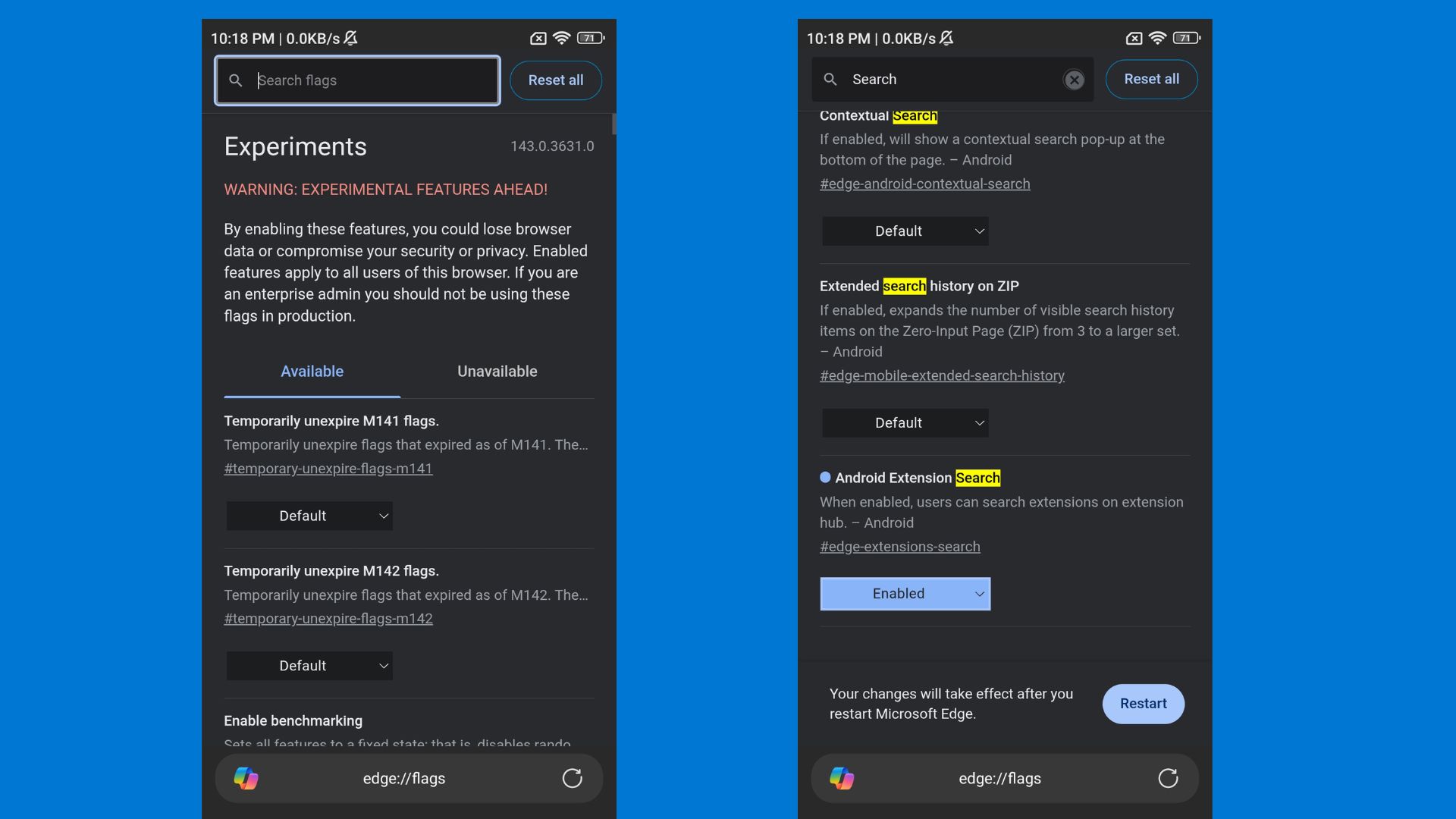 edge extensions search flag android canary