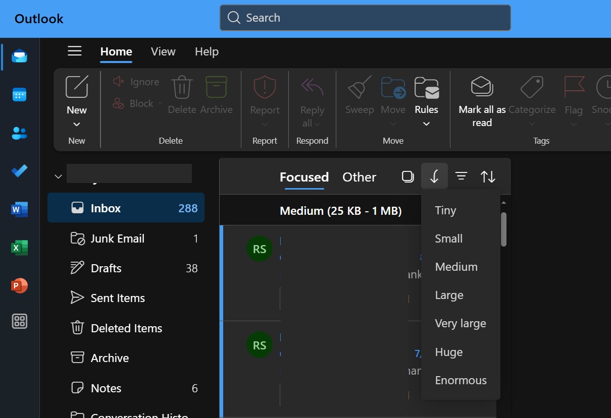 form options for sort by size outlook app