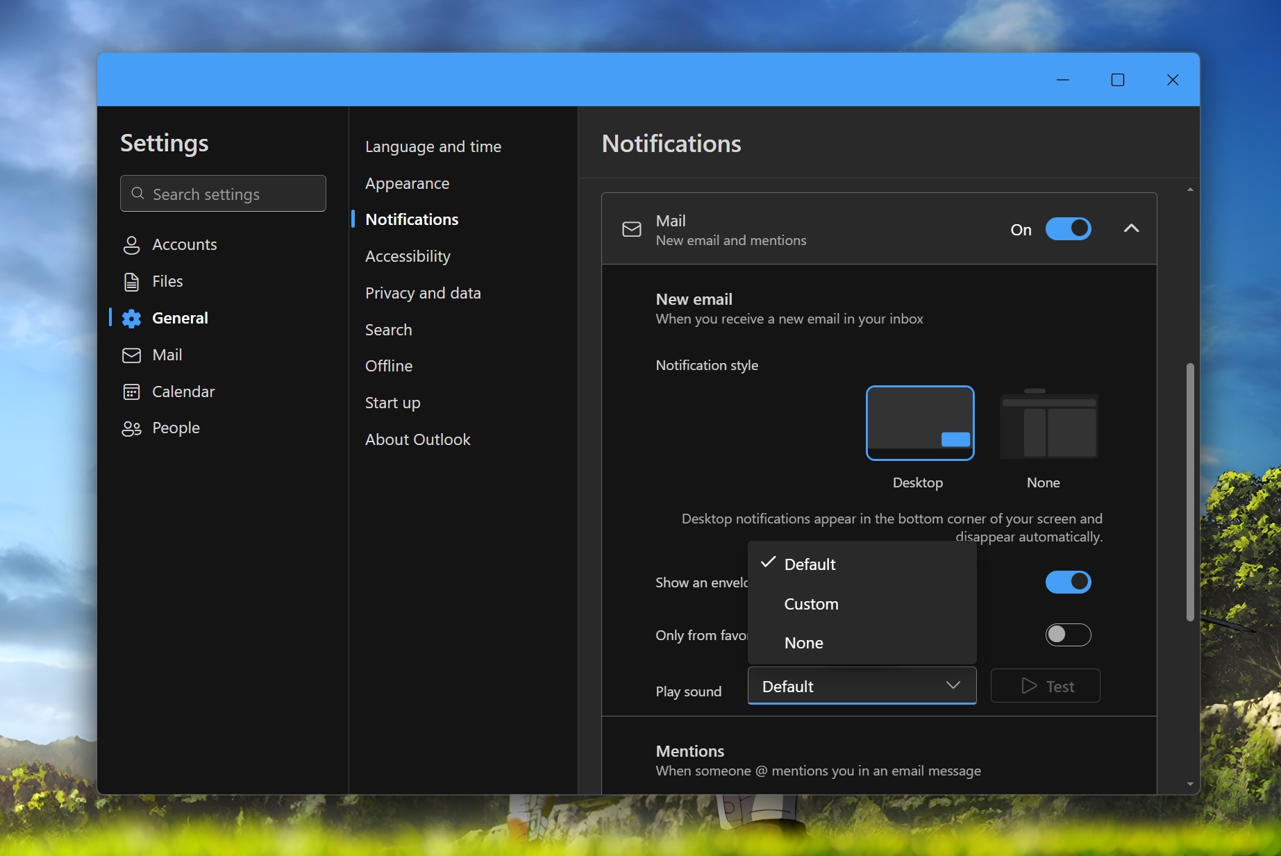outlook notification sound setting