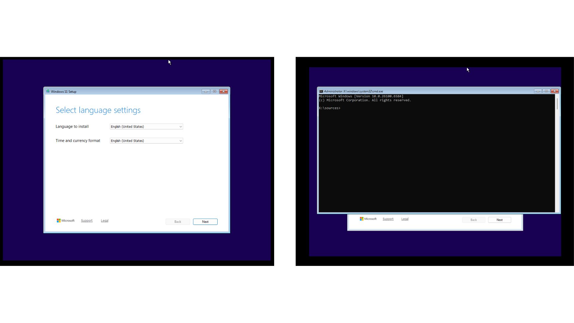 pressing Shift + F10 during the Windows Setup screen opens command prompt