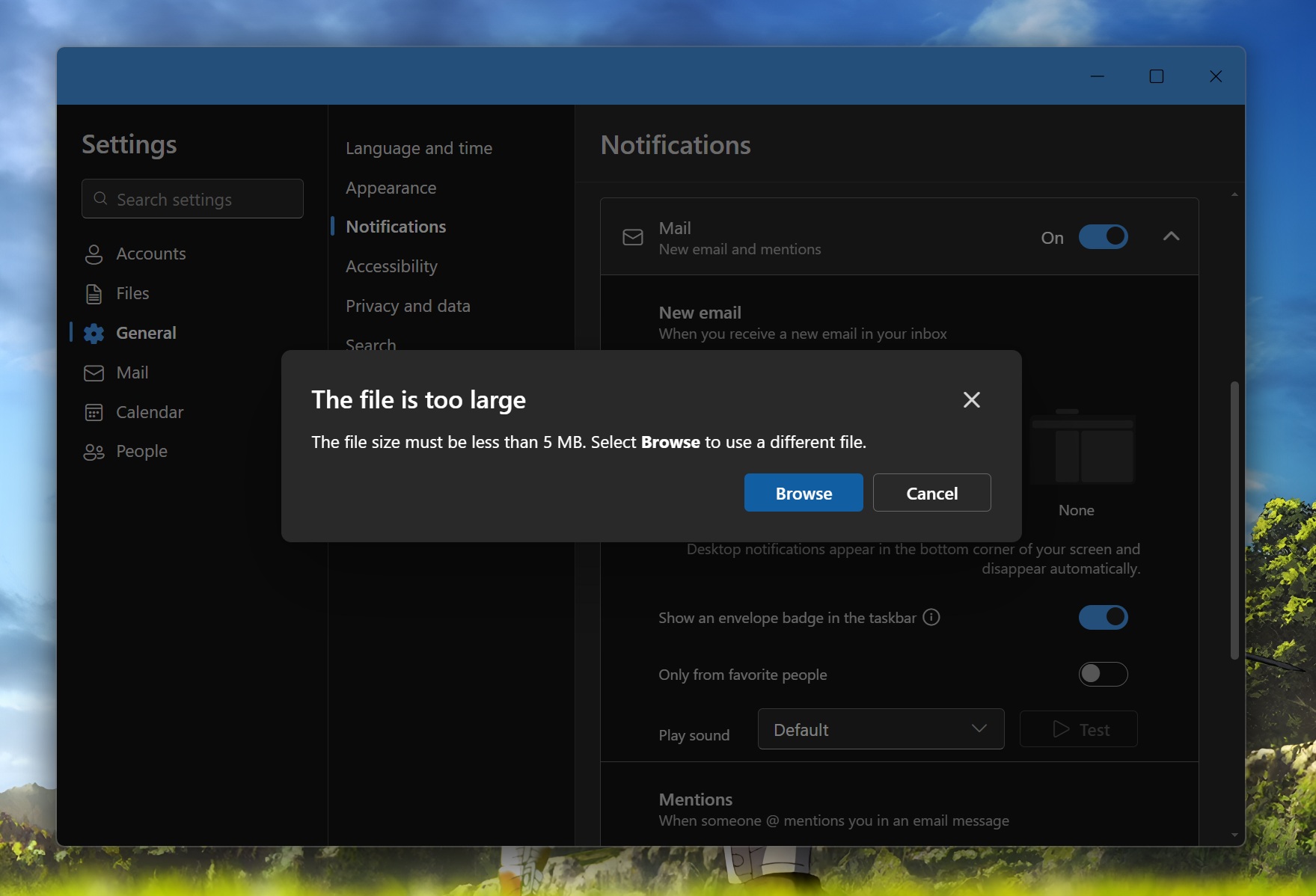 sound clip size limit outlook notifications