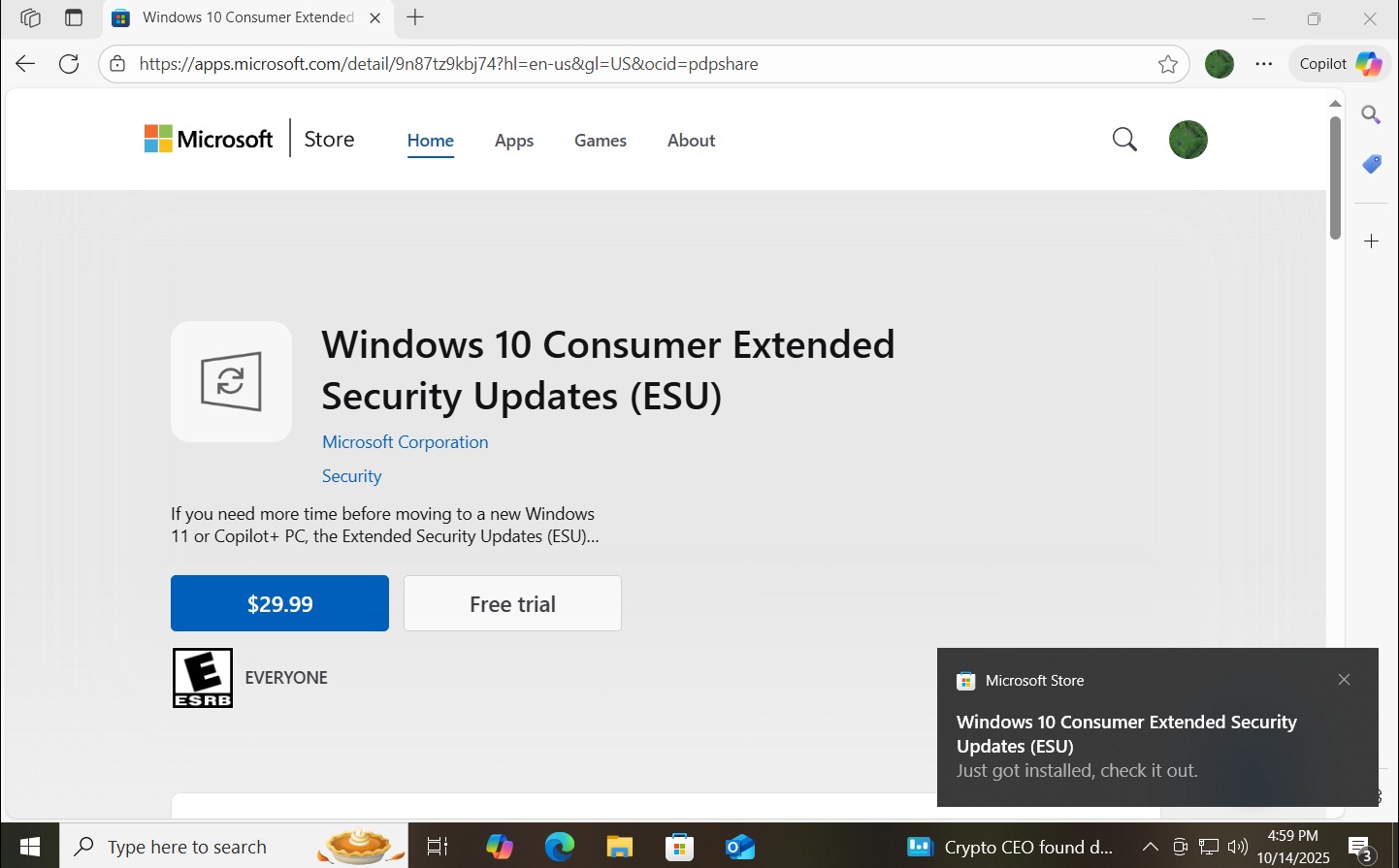 windows 10 enrolled in esu free trial