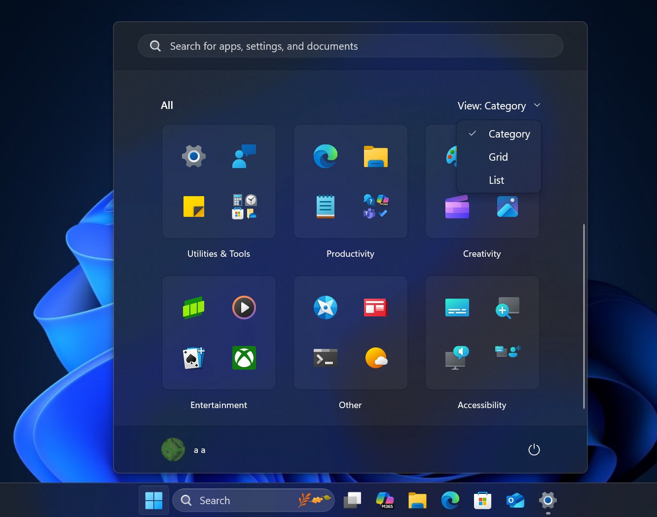 windows 11 start menu category layout