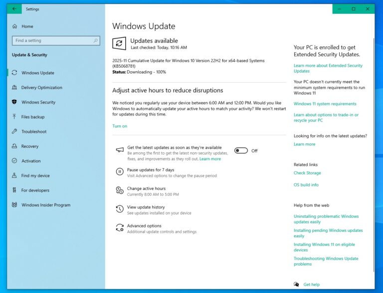 Picture of Windows 10 KB5068781 ESU update released, direct download links for ...
