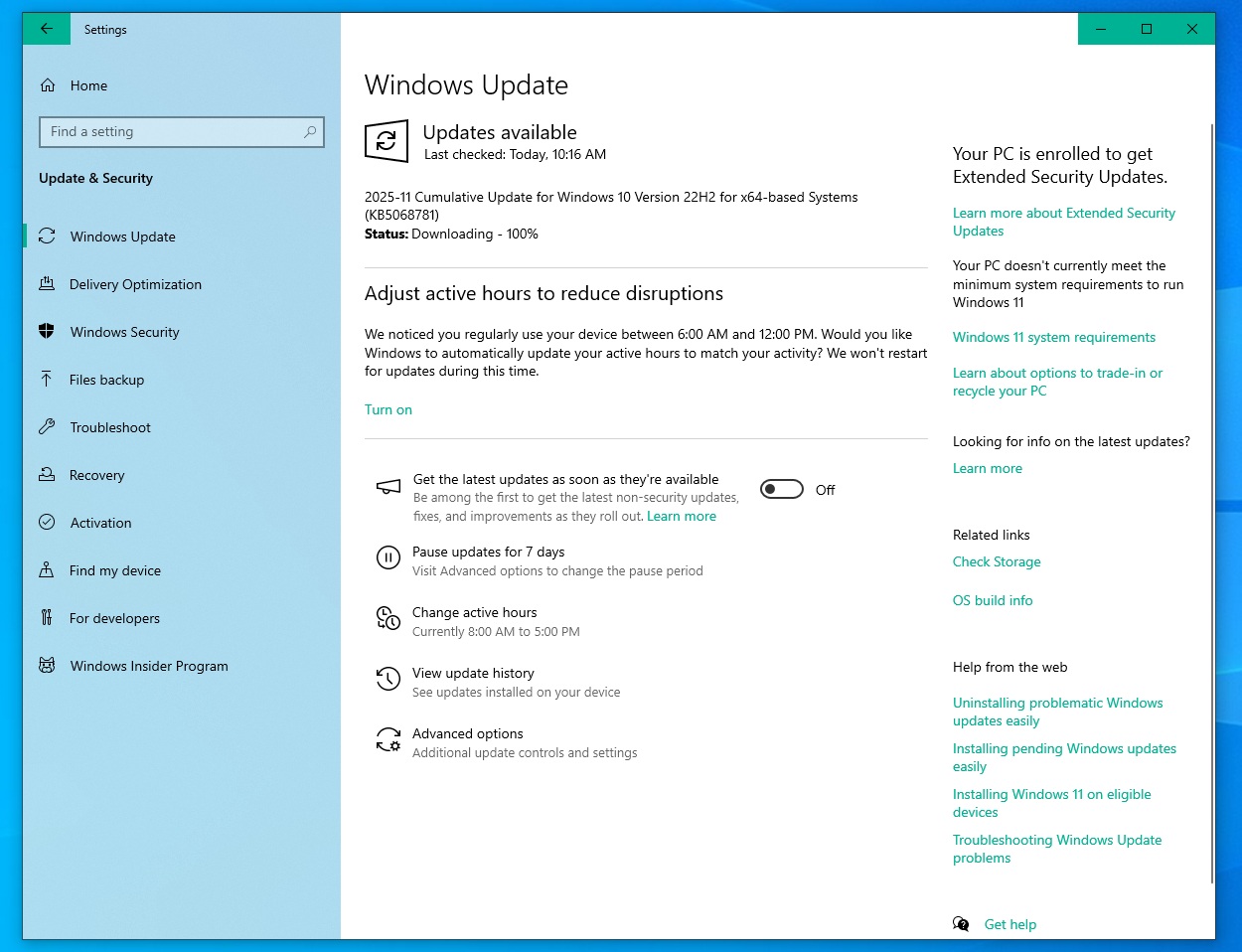 2025-11 Cumulative Update for Windows 10 Version 22H2 for x64-based Systems (KB5068781)