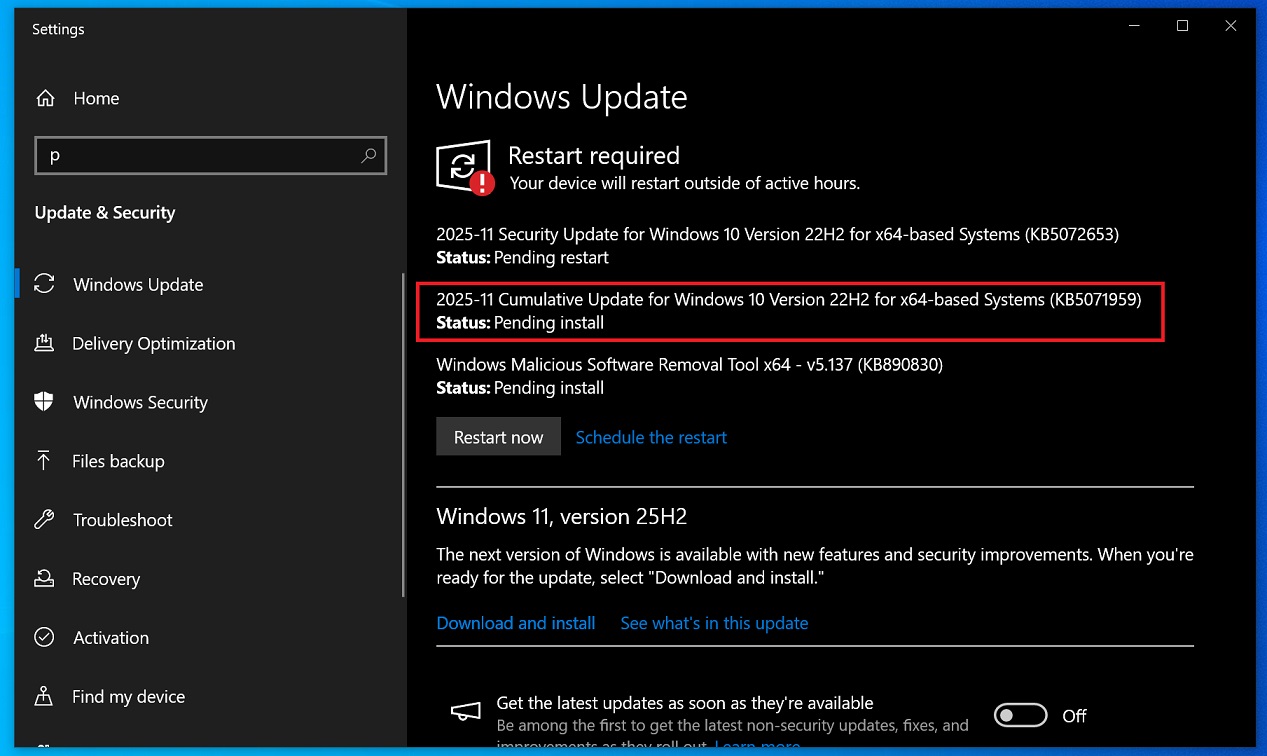 2025-11 Cumulative Update for Windows 10 Version 22H2 for x64-based Systems (KB5071959)