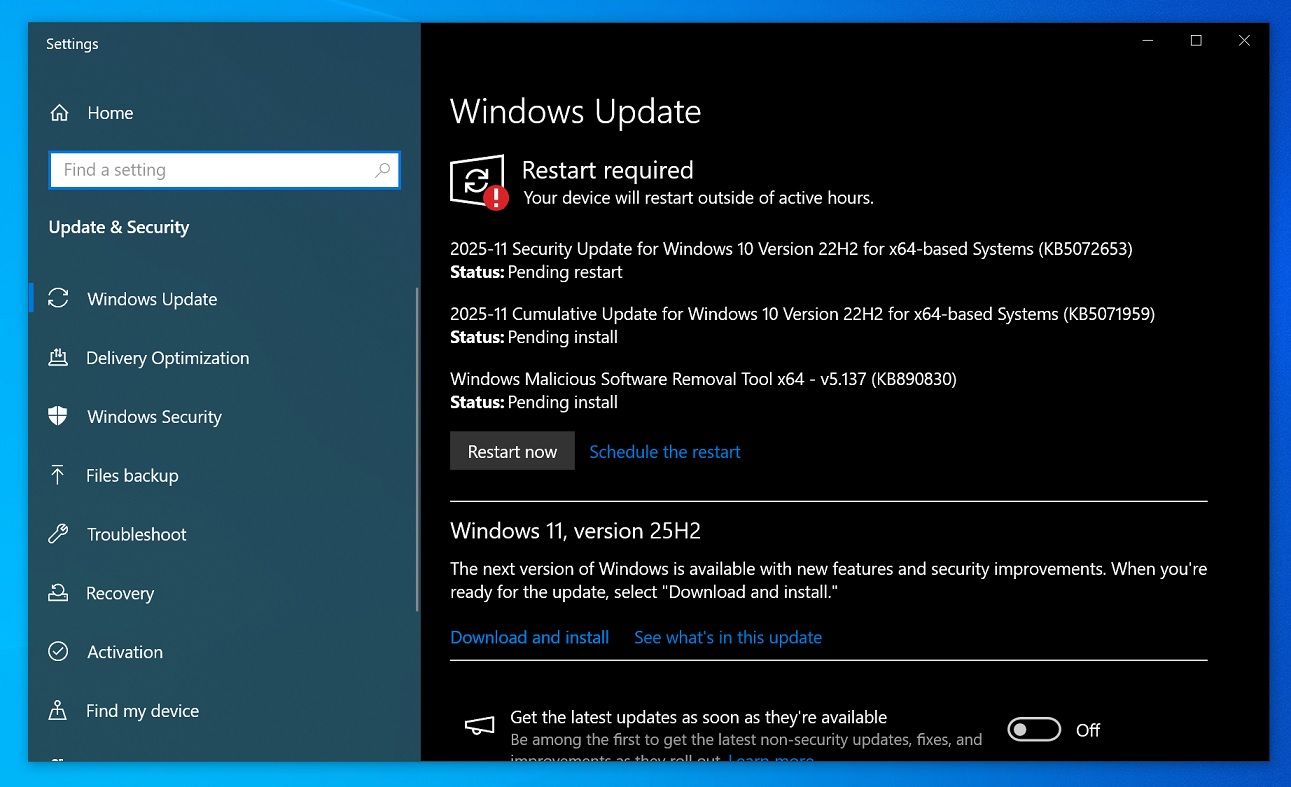 2025-11 Security Update for Windows 10 Version 22H2 for x64-based Systems (KB5072653)