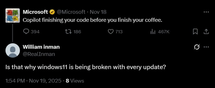 A user asking if the use of AI is what makes Windows keep breaking after every update