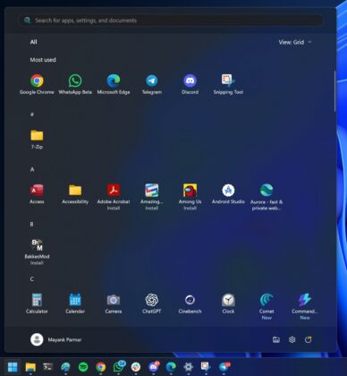 Grid view in the Start menu