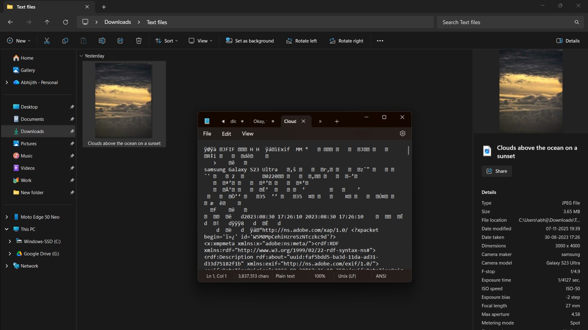An image when clicked with Edit in Notepad shows these characters